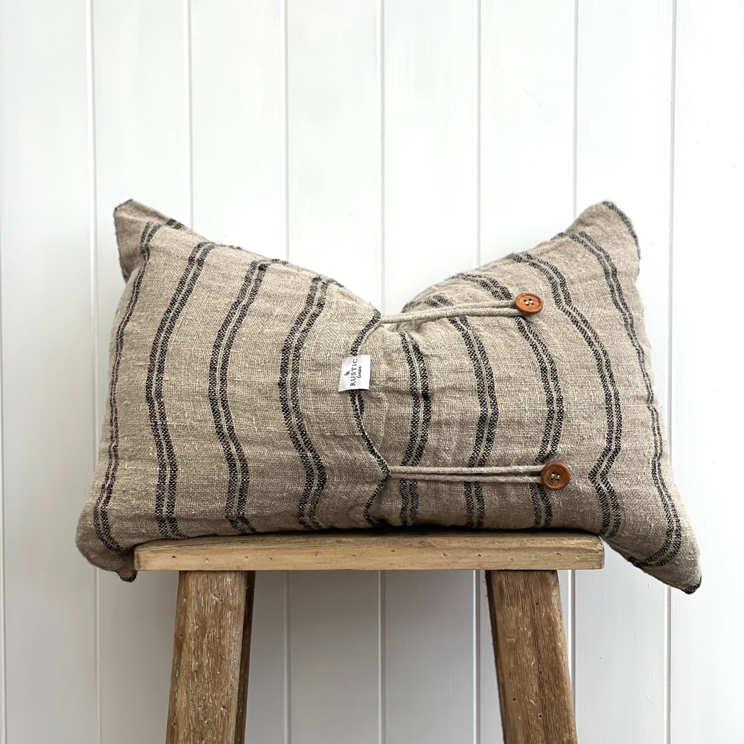 Angaston Handloomed Button Cushion - Black Stripe