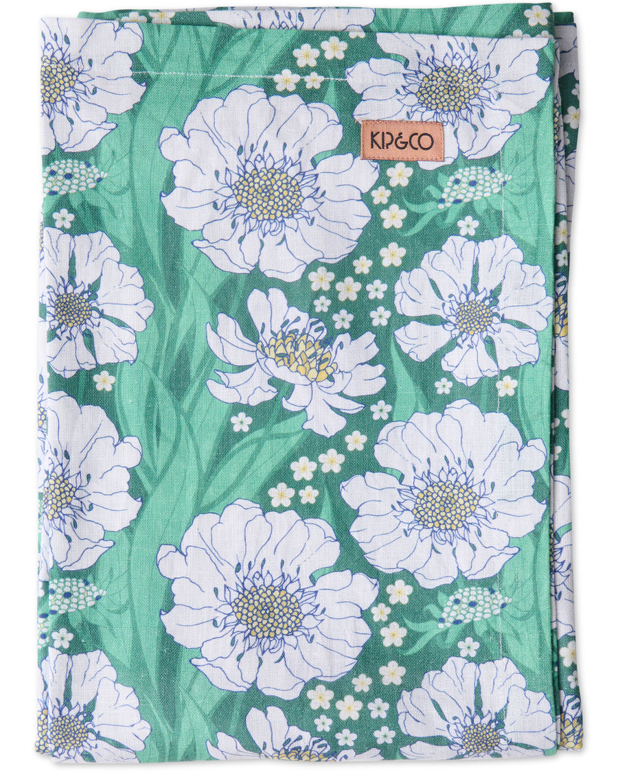 Tumbling Flowers Green Linen Tablecloth