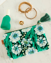 Load image into Gallery viewer, Tumbling Flowers Green Velvet Cosmetics Purse
